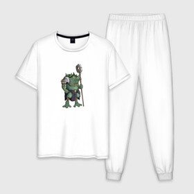 Мужская пижама хлопок с принтом Воин жабалюд в Новосибирске, 100% хлопок | брюки и футболка прямого кроя, без карманов, на брюках мягкая резинка на поясе и по низу штанин
 | Тематика изображения на принте: frog | green | staff | warrior | воин | жаба | зеленый | ил | посох