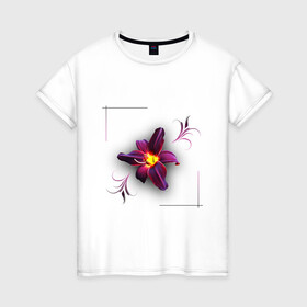 Женская футболка хлопок с принтом Flower Цветок в Новосибирске, 100% хлопок | прямой крой, круглый вырез горловины, длина до линии бедер, слегка спущенное плечо | желтый | узор | феолетовый цветок | цветочный