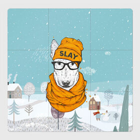 Магнитный плакат 3Х3 с принтом Бультерьер в Новосибирске, Полимерный материал с магнитным слоем | 9 деталей размером 9*9 см | slay | белая собака | бультерьер | пес | псина | собака | собака в шапке | собачка