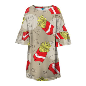 Детское платье 3D с принтом Фастфуд - Картошка фри в Новосибирске, 100% полиэстер | прямой силуэт, чуть расширенный к низу. Круглая горловина, на рукавах — воланы | еда | картофель | картошка | мак | макдональдс | паттерн | узор | фастфуд | фри