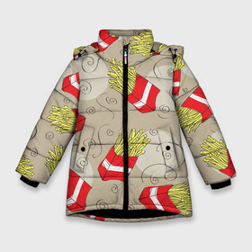 Зимняя куртка для девочек 3D с принтом Фастфуд - Картошка фри в Новосибирске, ткань верха — 100% полиэстер; подклад — 100% полиэстер, утеплитель — 100% полиэстер. | длина ниже бедра, удлиненная спинка, воротник стойка и отстегивающийся капюшон. Есть боковые карманы с листочкой на кнопках, утяжки по низу изделия и внутренний карман на молнии. 

Предусмотрены светоотражающий принт на спинке, радужный светоотражающий элемент на пуллере молнии и на резинке для утяжки. | еда | картофель | картошка | мак | макдональдс | паттерн | узор | фастфуд | фри