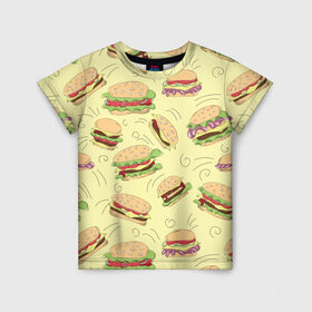 Детская футболка 3D с принтом Узор с бургерами в Новосибирске, 100% гипоаллергенный полиэфир | прямой крой, круглый вырез горловины, длина до линии бедер, чуть спущенное плечо, ткань немного тянется | бургер | гамбургер | еда | желтый | паттерн | узор | фастфуд