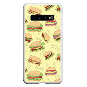 Чехол для Samsung Galaxy S10 с принтом Узор с бургерами в Новосибирске, Силикон | Область печати: задняя сторона чехла, без боковых панелей | бургер | гамбургер | еда | желтый | паттерн | узор | фастфуд