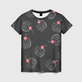 Женская футболка 3D с принтом Капкейки с вишенкой в Новосибирске, 100% полиэфир ( синтетическое хлопкоподобное полотно) | прямой крой, круглый вырез горловины, длина до линии бедер | белый | вишенка | вкусняшка | еда | капкейк | мел | паттерн | пирожок | сладости | узор | черный