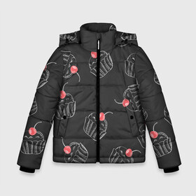 Зимняя куртка для мальчиков 3D с принтом Капкейки с вишенкой в Новосибирске, ткань верха — 100% полиэстер; подклад — 100% полиэстер, утеплитель — 100% полиэстер | длина ниже бедра, удлиненная спинка, воротник стойка и отстегивающийся капюшон. Есть боковые карманы с листочкой на кнопках, утяжки по низу изделия и внутренний карман на молнии. 

Предусмотрены светоотражающий принт на спинке, радужный светоотражающий элемент на пуллере молнии и на резинке для утяжки | белый | вишенка | вкусняшка | еда | капкейк | мел | паттерн | пирожок | сладости | узор | черный