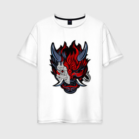 Женская футболка хлопок Oversize с принтом SAMURAI LVL UP в Новосибирске, 100% хлопок | свободный крой, круглый ворот, спущенный рукав, длина до линии бедер
 | Тематика изображения на принте: 2019 | cd project red | cyberpunk 2077 | cyberpunk fashion | hacker | keanu reeves | maelstrom | militech | night city | quadra | samurai | samurai cyberpunk 2077 | sci fi | trauma team | v | ви | киану ривз | киберпанк 2077 | логотип | роб