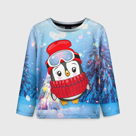 Детский лонгслив 3D с принтом Милый пингвин в свитере в Новосибирске, 100% полиэстер | длинные рукава, круглый вырез горловины, полуприлегающий силуэт
 | 2021 | 7 января | bull | newyear | santa | бык | быки | бычок | год быка | дед мороз | корова | новогодние каникулы | новогодние праздники | новый 2021 | новый год | новый год 2021 | рождество | сани | санта | санта клаус