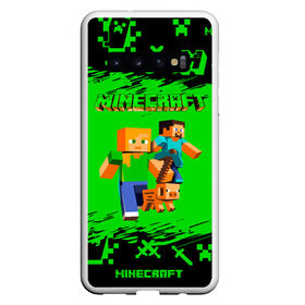 Чехол для Samsung Galaxy S10 с принтом Minecraft в Новосибирске, Силикон | Область печати: задняя сторона чехла, без боковых панелей | Тематика изображения на принте: minecraft | алекс | белый | блоки | взрывчатка | визера | гаст | добывать | дракон | зеленая | зеленый куб | зомби | игра | кирка | крафт | крипер | кубики | лошадка | майн | майнкрафт | манкрафт | меч | оцелот