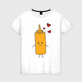 Женская футболка хлопок с принтом горчица в Новосибирске, 100% хлопок | прямой крой, круглый вырез горловины, длина до линии бедер, слегка спущенное плечо | влюбленных | горчица | день святого валентина | для двоих | для пар | еда | кетчуп | милый | парные | подарок