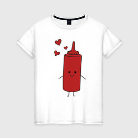 Женская футболка хлопок с принтом кетчуп в Новосибирске, 100% хлопок | прямой крой, круглый вырез горловины, длина до линии бедер, слегка спущенное плечо | влюбленных | горчица | день святого валентина | для двоих | для пар | еда | кетчуп | милый | парные | подарок