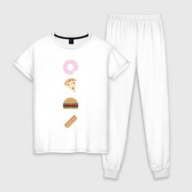 Женская пижама хлопок с принтом Fast Food в Новосибирске, 100% хлопок | брюки и футболка прямого кроя, без карманов, на брюках мягкая резинка на поясе и по низу штанин | doodle | бургер | вкусно | донат | еда | мило | нямка | пицца | сосиска | фастфуд | хотдог