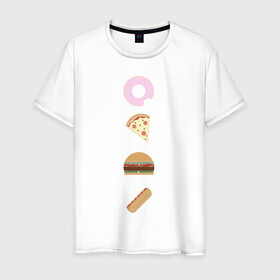 Мужская футболка хлопок с принтом Fast Food в Новосибирске, 100% хлопок | прямой крой, круглый вырез горловины, длина до линии бедер, слегка спущенное плечо. | doodle | бургер | вкусно | донат | еда | мило | нямка | пицца | сосиска | фастфуд | хотдог