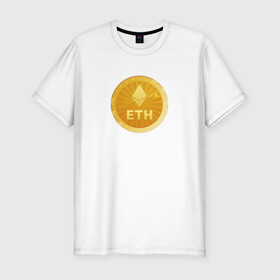 Мужская футболка хлопок Slim с принтом ЭФИРИУМ ETH в Новосибирске, 92% хлопок, 8% лайкра | приталенный силуэт, круглый вырез ворота, длина до линии бедра, короткий рукав | bitcoin | btc | биткоин | валюта | деньги | криптовалюта
