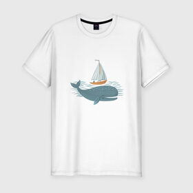 Мужская футболка хлопок Slim с принтом Кит в Новосибирске, 92% хлопок, 8% лайкра | приталенный силуэт, круглый вырез ворота, длина до линии бедра, короткий рукав | Тематика изображения на принте: кит | лодка | море | морские жители | океан | яхта