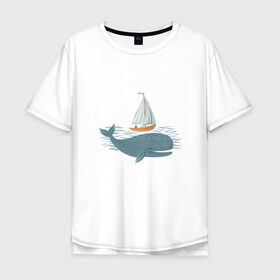 Мужская футболка хлопок Oversize с принтом Кит в Новосибирске, 100% хлопок | свободный крой, круглый ворот, “спинка” длиннее передней части | Тематика изображения на принте: кит | лодка | море | морские жители | океан | яхта