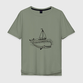 Мужская футболка хлопок Oversize с принтом Кит в Новосибирске, 100% хлопок | свободный крой, круглый ворот, “спинка” длиннее передней части | кит | лодка | море | морские жители | океан | яхта