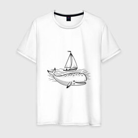 Мужская футболка хлопок с принтом Кит в Новосибирске, 100% хлопок | прямой крой, круглый вырез горловины, длина до линии бедер, слегка спущенное плечо. | Тематика изображения на принте: кит | лодка | море | морские жители | океан | яхта