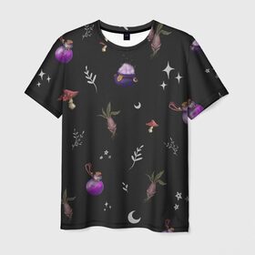 Мужская футболка 3D с принтом Magic pattern в Новосибирске, 100% полиэфир | прямой крой, круглый вырез горловины, длина до линии бедер | bottle | mandrake | mushroom | pot | волшебство | зелье | паттерн