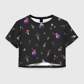 Женская футболка Crop-top 3D с принтом Magic pattern в Новосибирске, 100% полиэстер | круглая горловина, длина футболки до линии талии, рукава с отворотами | bottle | mandrake | mushroom | pot | волшебство | зелье | паттерн