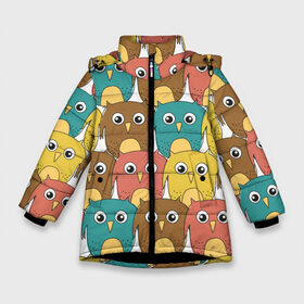 Зимняя куртка для девочек 3D с принтом Разноцветные совы в Новосибирске, ткань верха — 100% полиэстер; подклад — 100% полиэстер, утеплитель — 100% полиэстер. | длина ниже бедра, удлиненная спинка, воротник стойка и отстегивающийся капюшон. Есть боковые карманы с листочкой на кнопках, утяжки по низу изделия и внутренний карман на молнии. 

Предусмотрены светоотражающий принт на спинке, радужный светоотражающий элемент на пуллере молнии и на резинке для утяжки. | детский | лесной | мультяшный | паттерн | разноцветный | сова | совушки | совы | узор