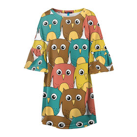 Детское платье 3D с принтом Разноцветные совы в Новосибирске, 100% полиэстер | прямой силуэт, чуть расширенный к низу. Круглая горловина, на рукавах — воланы | детский | лесной | мультяшный | паттерн | разноцветный | сова | совушки | совы | узор