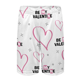 Детские спортивные шорты 3D с принтом Be My Valentine в Новосибирске,  100% полиэстер
 | пояс оформлен широкой мягкой резинкой, ткань тянется
 | Тематика изображения на принте: be my valentine | будь моим валентином | влюбленным | день святого валентина | пара | сердечки | узор
