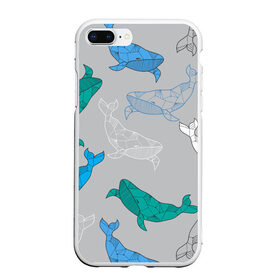 Чехол для iPhone 7Plus/8 Plus матовый с принтом Узор с китами на сером в Новосибирске, Силикон | Область печати: задняя сторона чехла, без боковых панелей | Тематика изображения на принте: графика | кит | морской | рыба | серый | синий | узор