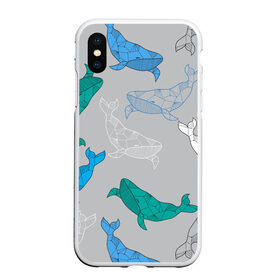 Чехол для iPhone XS Max матовый с принтом Узор с китами на сером в Новосибирске, Силикон | Область печати: задняя сторона чехла, без боковых панелей | графика | кит | морской | рыба | серый | синий | узор