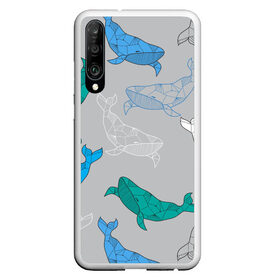 Чехол для Honor P30 с принтом Узор с китами на сером в Новосибирске, Силикон | Область печати: задняя сторона чехла, без боковых панелей | графика | кит | морской | рыба | серый | синий | узор