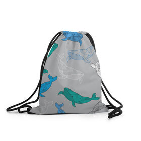 Рюкзак-мешок 3D с принтом Узор с китами на сером в Новосибирске, 100% полиэстер | плотность ткани — 200 г/м2, размер — 35 х 45 см; лямки — толстые шнурки, застежка на шнуровке, без карманов и подкладки | графика | кит | морской | рыба | серый | синий | узор