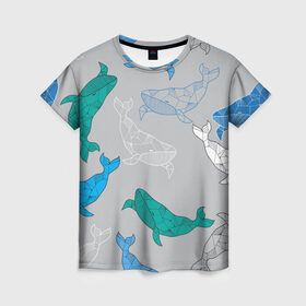 Женская футболка 3D с принтом Узор с китами на сером в Новосибирске, 100% полиэфир ( синтетическое хлопкоподобное полотно) | прямой крой, круглый вырез горловины, длина до линии бедер | графика | кит | морской | рыба | серый | синий | узор