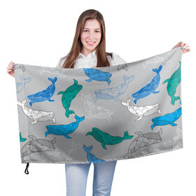 Флаг 3D с принтом Узор с китами на сером в Новосибирске, 100% полиэстер | плотность ткани — 95 г/м2, размер — 67 х 109 см. Принт наносится с одной стороны | графика | кит | морской | рыба | серый | синий | узор