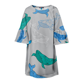 Детское платье 3D с принтом Узор с китами на сером в Новосибирске, 100% полиэстер | прямой силуэт, чуть расширенный к низу. Круглая горловина, на рукавах — воланы | Тематика изображения на принте: графика | кит | морской | рыба | серый | синий | узор