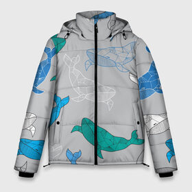 Мужская зимняя куртка 3D с принтом Узор с китами на сером в Новосибирске, верх — 100% полиэстер; подкладка — 100% полиэстер; утеплитель — 100% полиэстер | длина ниже бедра, свободный силуэт Оверсайз. Есть воротник-стойка, отстегивающийся капюшон и ветрозащитная планка. 

Боковые карманы с листочкой на кнопках и внутренний карман на молнии. | графика | кит | морской | рыба | серый | синий | узор