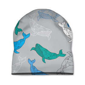 Шапка 3D с принтом Узор с китами на сером в Новосибирске, 100% полиэстер | универсальный размер, печать по всей поверхности изделия | графика | кит | морской | рыба | серый | синий | узор