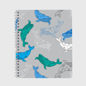 Тетрадь с принтом Узор с китами на сером в Новосибирске, 100% бумага | 48 листов, плотность листов — 60 г/м2, плотность картонной обложки — 250 г/м2. Листы скреплены сбоку удобной пружинной спиралью. Уголки страниц и обложки скругленные. Цвет линий — светло-серый
 | графика | кит | морской | рыба | серый | синий | узор