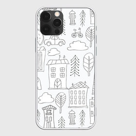 Чехол для iPhone 12 Pro Max с принтом Нарисованный город в Новосибирске, Силикон |  | белый | город | городской | дудлинг | нарисованный | серый | узор