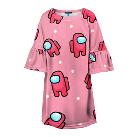 Детское платье 3D с принтом Among Us - Розовый цвет в Новосибирске, 100% полиэстер | прямой силуэт, чуть расширенный к низу. Круглая горловина, на рукавах — воланы | among us | girl | pink | амонг | девочка | детский | игра | мультяшный | паттерн | розовый | узор | эмонг ас