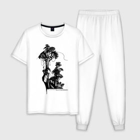 Мужская пижама хлопок с принтом Остров в Новосибирске, 100% хлопок | брюки и футболка прямого кроя, без карманов, на брюках мягкая резинка на поясе и по низу штанин
 | деревья | лес | остров | скалы | черный
