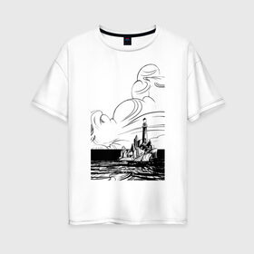 Женская футболка хлопок Oversize с принтом Муми-тролль в Новосибирске, 100% хлопок | свободный крой, круглый ворот, спущенный рукав, длина до линии бедер
 | маяк | море | муми тролль | скалы