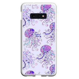 Чехол для Samsung S10E с принтом Узор Медуза в Новосибирске, Силикон | Область печати: задняя сторона чехла, без боковых панелей | завитушки | медуза | море | морской | паттерн | розовый | узор | фиолетовый