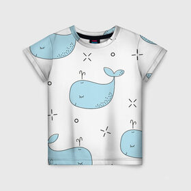 Детская футболка 3D с принтом Маленькие киты в Новосибирске, 100% гипоаллергенный полиэфир | прямой крой, круглый вырез горловины, длина до линии бедер, чуть спущенное плечо, ткань немного тянется | детский | кит | маленький | море | морской | прикольный | рисунок | рыбы | скетч