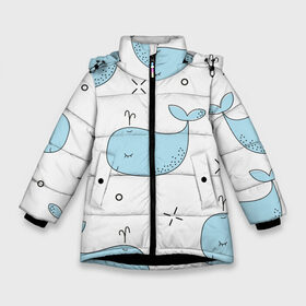 Зимняя куртка для девочек 3D с принтом Маленькие киты в Новосибирске, ткань верха — 100% полиэстер; подклад — 100% полиэстер, утеплитель — 100% полиэстер. | длина ниже бедра, удлиненная спинка, воротник стойка и отстегивающийся капюшон. Есть боковые карманы с листочкой на кнопках, утяжки по низу изделия и внутренний карман на молнии. 

Предусмотрены светоотражающий принт на спинке, радужный светоотражающий элемент на пуллере молнии и на резинке для утяжки. | детский | кит | маленький | море | морской | прикольный | рисунок | рыбы | скетч