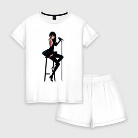 Женская пижама с шортиками хлопок с принтом Арт Аниме девушка в Новосибирске, 100% хлопок | футболка прямого кроя, шорты свободные с широкой мягкой резинкой | аниме | девушка | джаз | кабаре | микрофон | певица | чулки