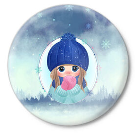 Значок с принтом Winter girl в Новосибирске,  металл | круглая форма, металлическая застежка в виде булавки | new year | арт | графика | дед мороз | зима | новый год | рождество | санта