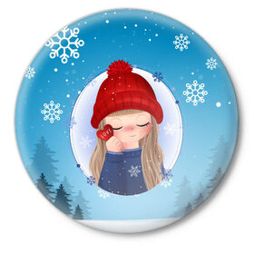 Значок с принтом Girl winter в Новосибирске,  металл | круглая форма, металлическая застежка в виде булавки | new year | арт | графика | дед мороз | зима | новый год | рождество | санта