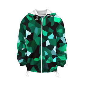 Детская куртка 3D с принтом Имеральд в Новосибирске, 100% полиэстер | застежка — молния, подол и капюшон оформлены резинкой с фиксаторами, по бокам — два кармана без застежек, один потайной карман на груди, плотность верхнего слоя — 90 г/м2; плотность флисового подклада — 260 г/м2 | Тематика изображения на принте: camouflage | casual style | geometry | green | hexagon | polygonal | stripes | texture | гексагон | геометрические | геометрия | городской | изумруд | камуфляж | кристаллы | милитари | мозаика | объемный | повседневный | полигон