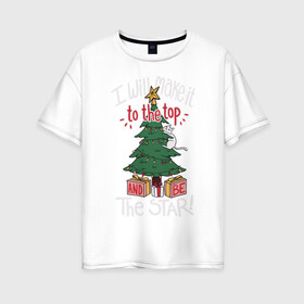 Женская футболка хлопок Oversize с принтом Кот на елке в Новосибирске, 100% хлопок | свободный крой, круглый ворот, спущенный рукав, длина до линии бедер
 | cat | christmas | garland | gifts | holiday | kitty | new year | star | tree | гирлянда | елка | звезда | кот | котик | кошка | новый год | подарки | праздник | рождество