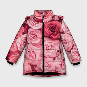 Зимняя куртка для девочек 3D с принтом Розовые Розы в Новосибирске, ткань верха — 100% полиэстер; подклад — 100% полиэстер, утеплитель — 100% полиэстер. | длина ниже бедра, удлиненная спинка, воротник стойка и отстегивающийся капюшон. Есть боковые карманы с листочкой на кнопках, утяжки по низу изделия и внутренний карман на молнии. 

Предусмотрены светоотражающий принт на спинке, радужный светоотражающий элемент на пуллере молнии и на резинке для утяжки. | pink | rose | день святого валентина | красивый | любовь | прекрасный | роза | цветок | цветы