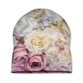 Шапка 3D с принтом Нежные Цветы в Новосибирске, 100% полиэстер | универсальный размер, печать по всей поверхности изделия | белый | розовый | розы | сирень | цветок